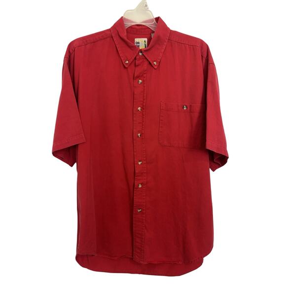 VTG 80s On The Brick Red Button Up Short Sleeve Collared Shirt Size Large Cotton - Picture 1 of 6